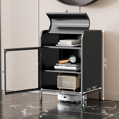 Modern Metal Side Tables Set of 2, End Tables with Glass Door, 2-Tier Nightstands with Storage Shelves, Accent Table, Slim Sofa Table for Living Room, Bedroom (Black)