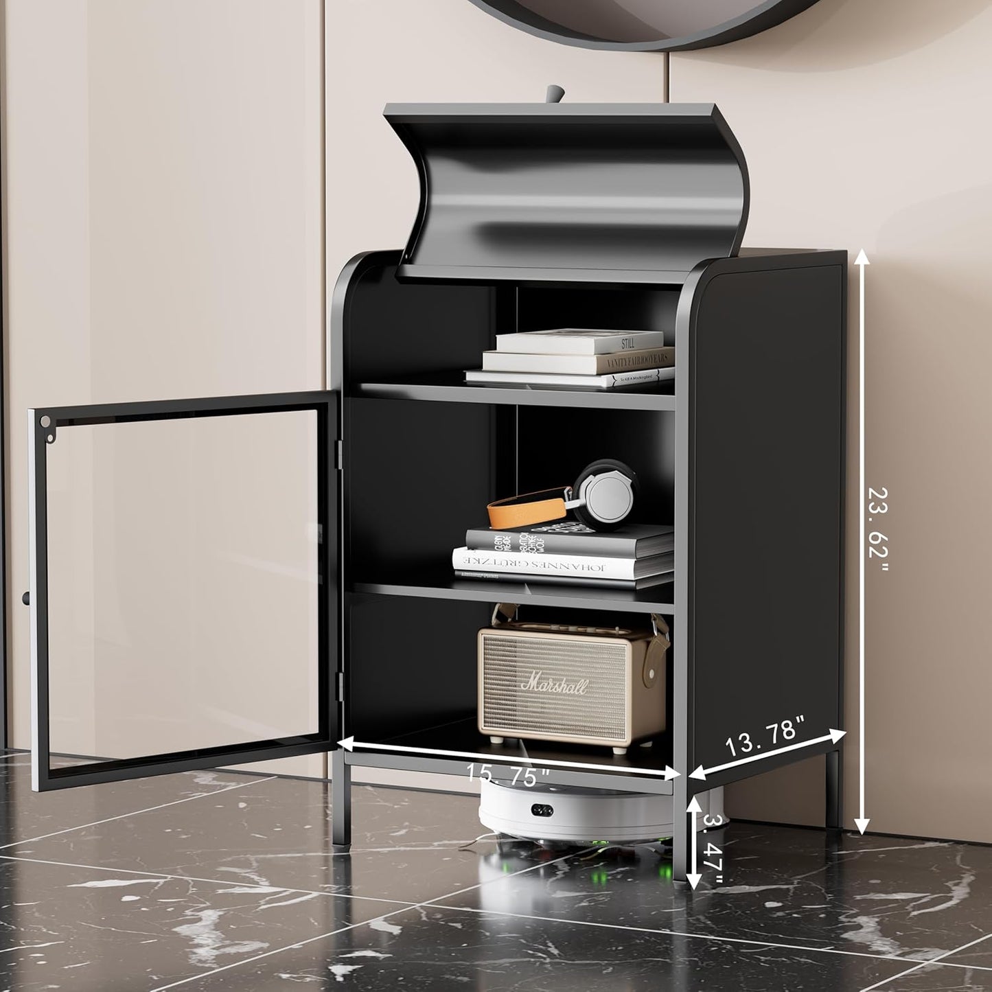 Modern Metal Side Tables, End Tables with Glass Door, 2-Tier Nightstands with Storage Shelves, Accent Table, Slim Sofa Table for Living Room, Bedroom (1, Black)