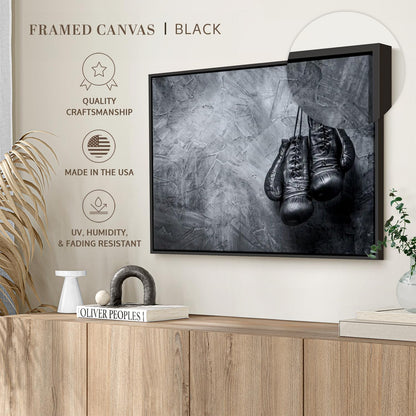 ElephantStock Boxing Gloves Wall Art - Horizontal Framed Canvas - 1-Piece Living Room Wall Decor - Photography Sports Canvas Print - Black and Gray Decor for Wall - 43" X 29"