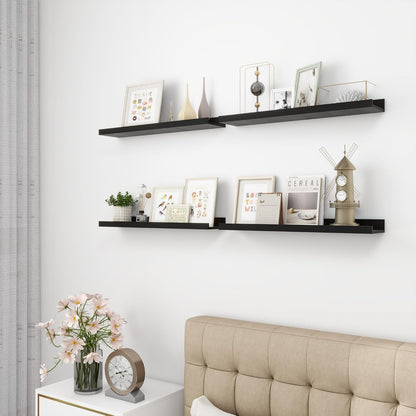 Picture Ledge Shelf, Wood Floating Shelves Set of 4, 24 inch Picture Ledge Shelves, Photo Ledge Nursery Book Shelves Wall Mounted for Living Room Kids' Room Bedroom, Color Black