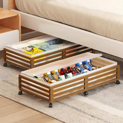Under Bed Storage Containers With Wheels - 2 Pcs Large Bamboo Wood Rolling Underbed Shoe Storage Bins With Dust Bags for Clothes Blankets, Duvet Covers Snacks Toys (Walnut)