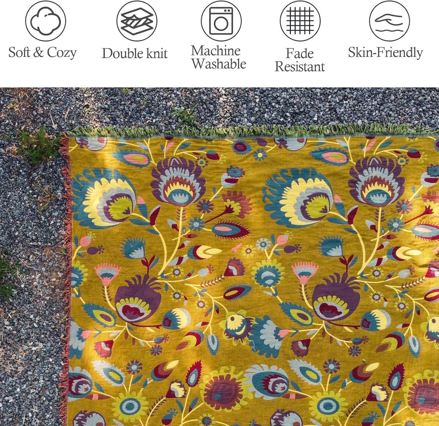 Snycler Boho Throw Blanket for Bed, 100% Organic Cotton Muslin Soft Throw-Yellow Boho Floral Farmhouse Rustic Spring Summer Fall Decor Blanket for Couch Sofa Quilt and Gift, 80" x 90"