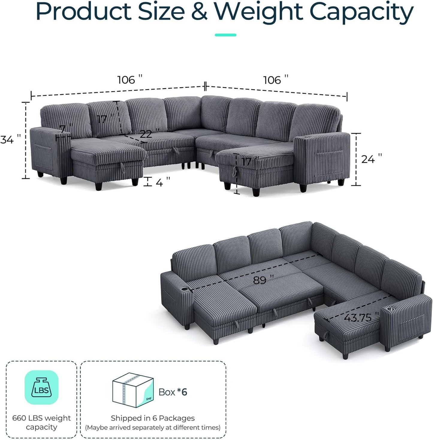 LINSY HOME Sectional Sleeper Sofa with Pull Out Couch Bed - Convertible Plush Corduroy Cloud Couch with Storage Chaise & USB Charging, Comfy Modular Couches for Living Room, Grey
