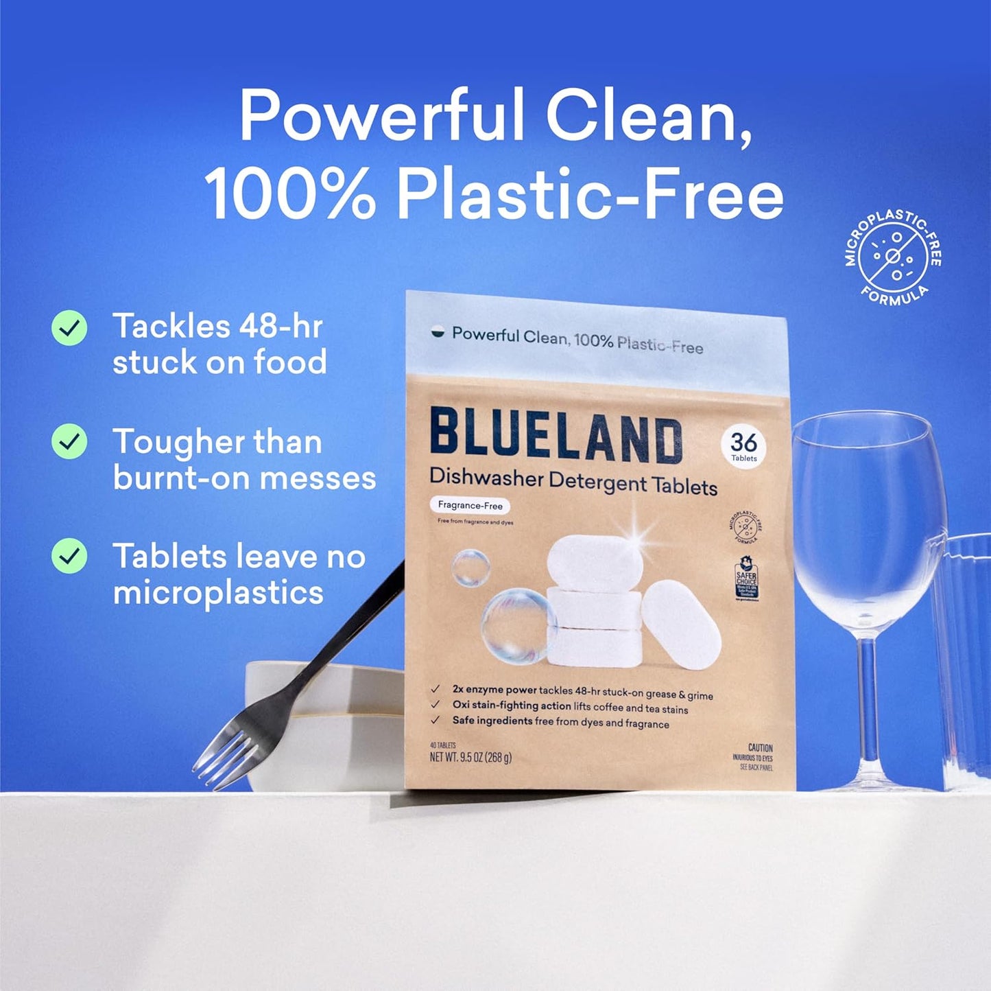 BLUELAND 100% Plastic-Free Dishwasher Detergent Tablets, 36 Count, Free & Clear, Eco-Friendly Dishwashing Pods, Natural, Sustainable