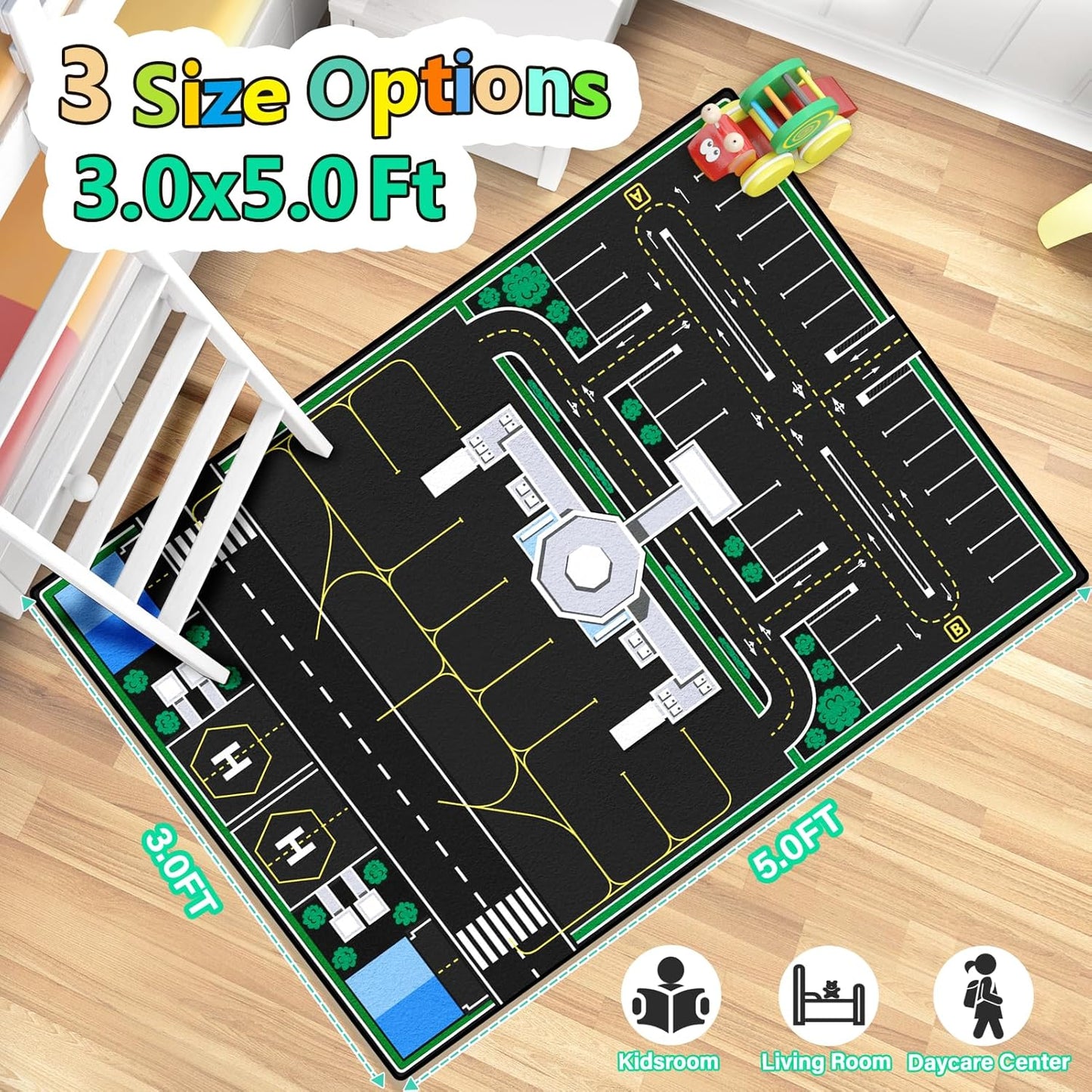 Kids Rug, Road Carpet for Kids with Combined City Road Traffic System, Car Rug and Airport Play Mat, 3x5 Ft Children’s Play Rugs for Playroom, Children’s City Traffic Map Fun Car Mat,Non-Slip