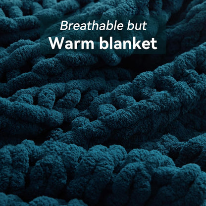 Chunky Knit Throw Blanket, 30''*40'' Knitted Throw Chenille Yarn for Bed Couch, Handmade Peacock Blue Crochet Big Thick Blanket, Machine Washable Cute Comfy Blanket for Home Decor
