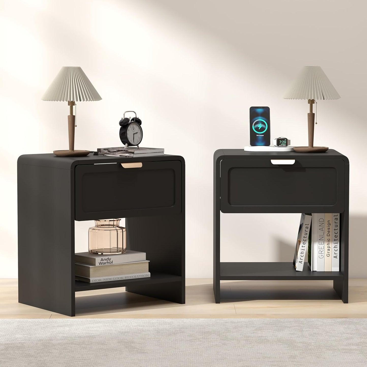 LEVNARY Nightstand Set of 2, Mid-Century Modern Bedside Table with Charging Station and Curved Top Corners, Wooden End Table for Farmhouse Bedroom Living Room (2, Black)