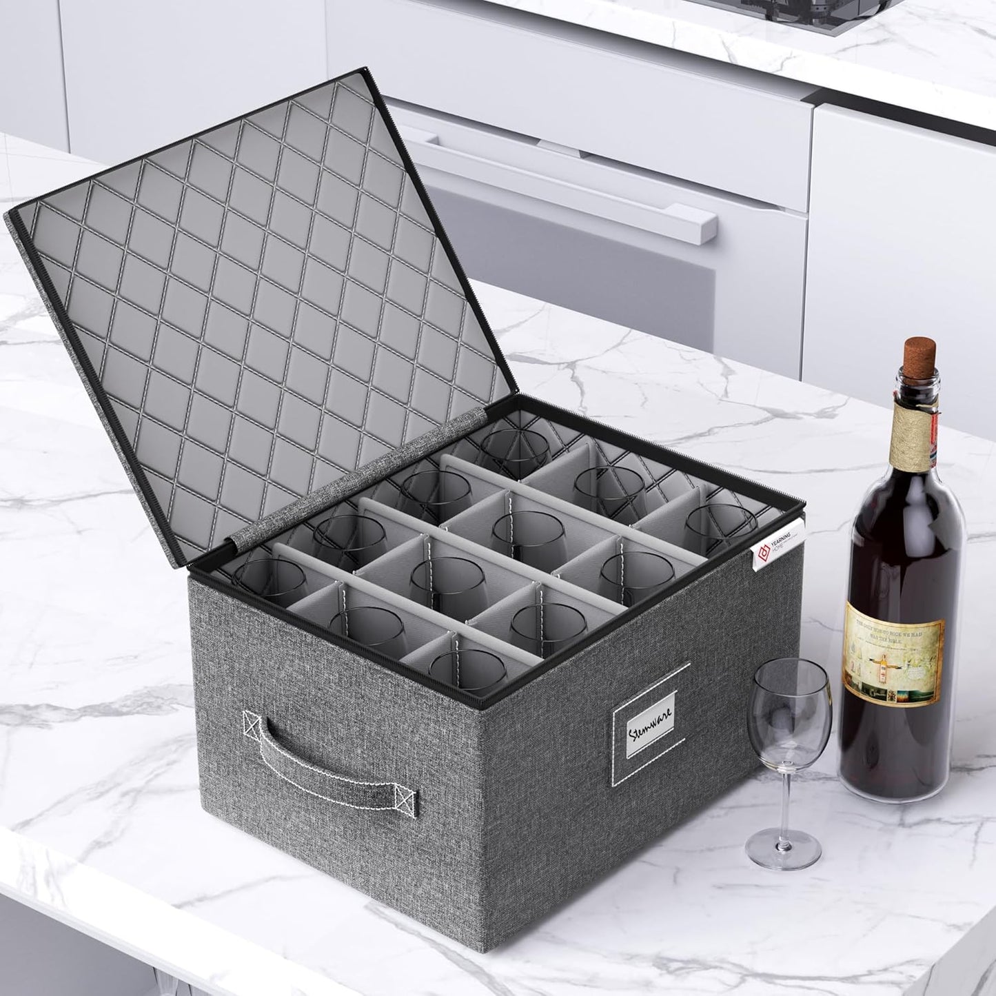 YearningHome Wine Glass Storage Box with Dividers,Hard Shell and Stackable Stemware Storage Containers with Sturdy Handle for Glassware Crystal Storage and Transport,Grey,Holds 12