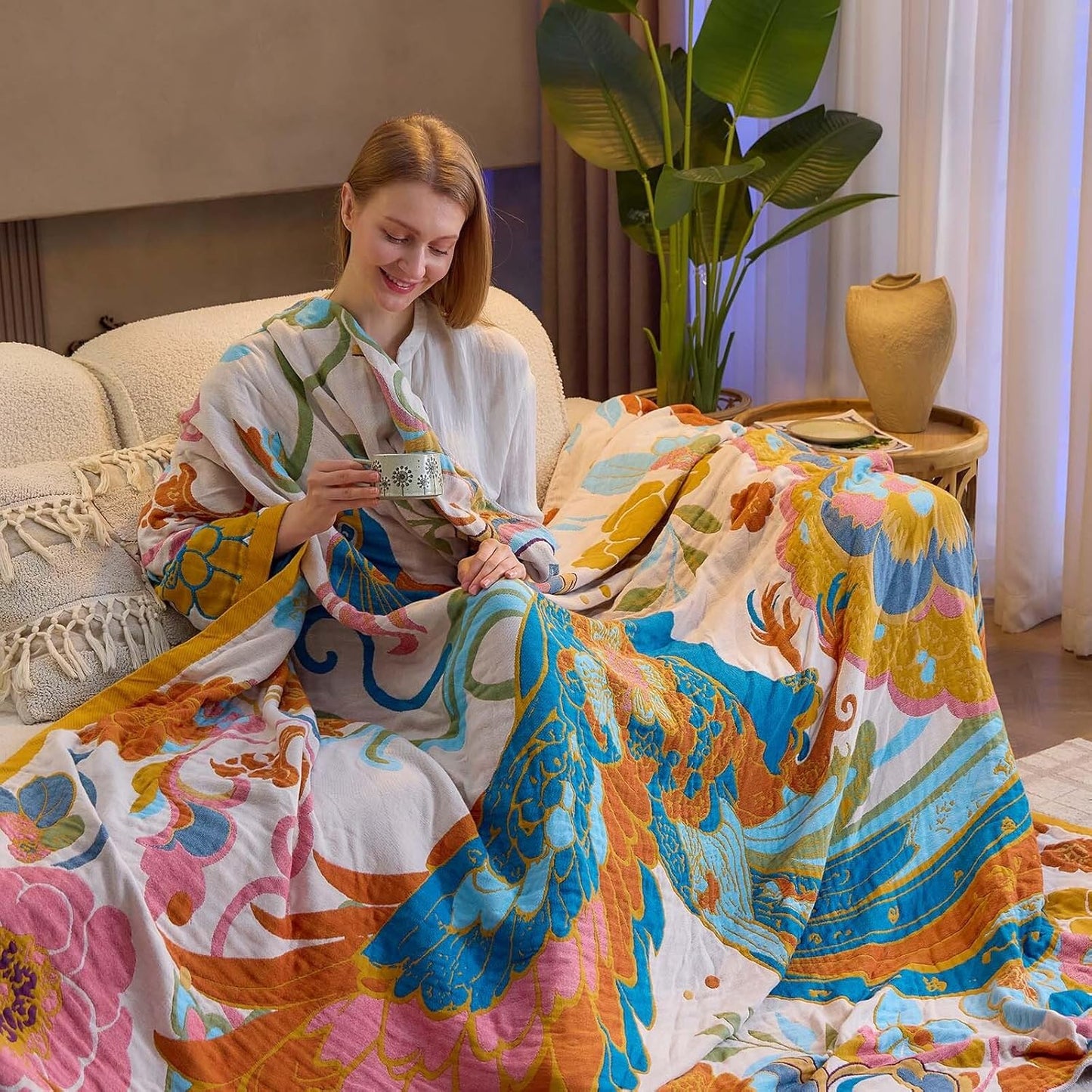 Boho Throw Blanket, Lightweight Blankets for Summer, 100% Cotton Bohemian Decorative Throw Blanket, 90"x98" Reversible Muslin Breathable Woven Farmhouse Blankets Quilt,