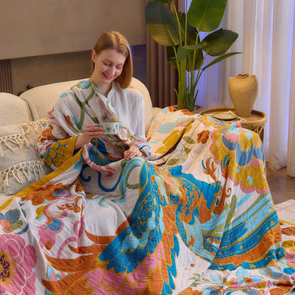 Boho Throw Blanket, Lightweight Blankets for Summer, 100% Cotton Bohemian Decorative Throw Blanket, 60"x80" Reversible Muslin Breathable Woven Farmhouse Blankets Quilt,