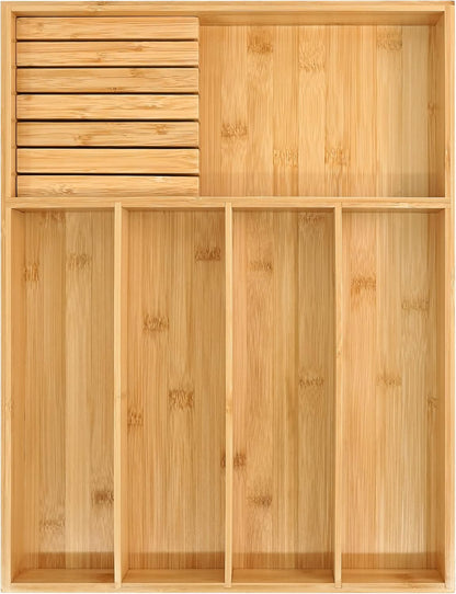VaeFae Bamboo Silverware Organizer (Non-expandable), Utensil Holder for Drawer, Wooden Cutlery Tray with Divider for Kitchen Drawer, Utensil Organizer with Knife Block