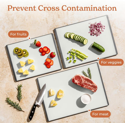 SMIRLY Plastic Cutting Board Set with Holder 3 Pieces, Non-Slip Dishwasher Safe Chopping Boards for Kitchen, Grey & White