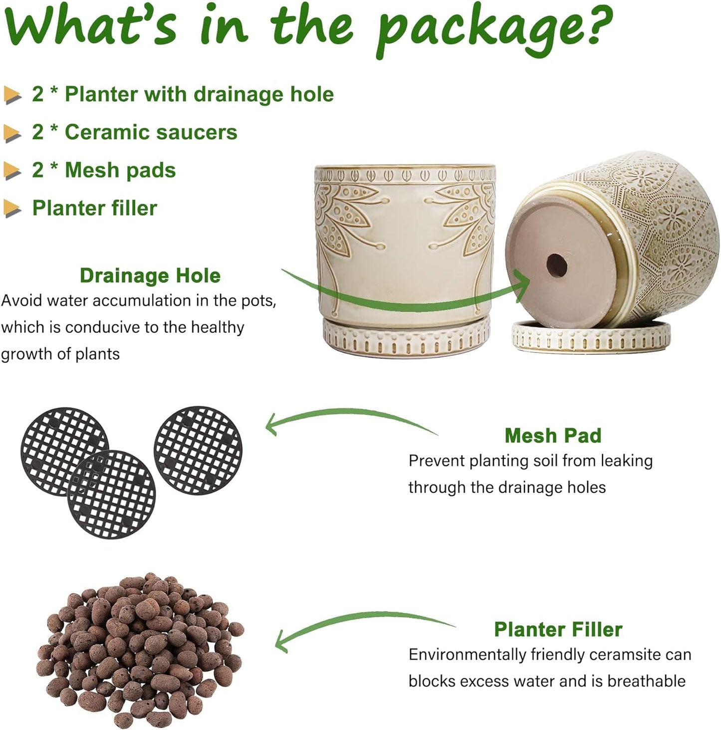 6 Inch Indoor Plant Pots with Drainage Holes and Saucers, Ceramic Planter for Plants, Flower Pot - Set of 2