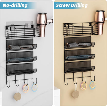 VITVITI Metal Hair Tool Organizer Wall Mount, Hair Dryer Holder with 4 Tier Shelf Basket Hooks, Bathroom Hair Styling Tool Organizer for Curling Iron/Blow Dryer/Straightener, Matte Black