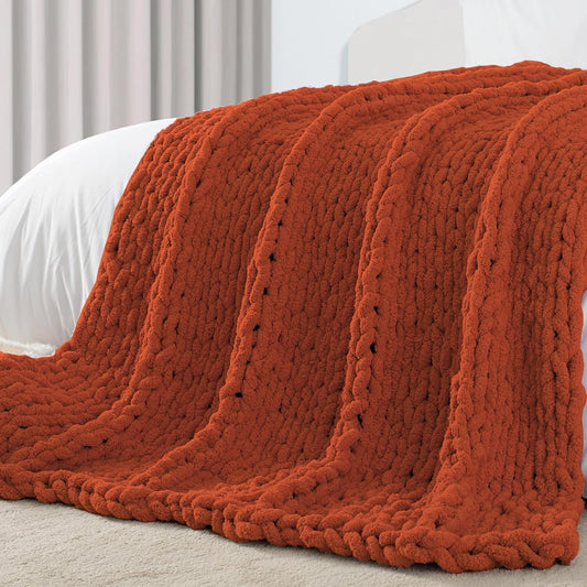 Carriediosa Chunky Knit Throw Blanket 60" X 80" Twin, 100% Hand Made Large Chenille Loop Yarn Soft Fluffy Throws for Couch Sofa Bed, Big Crochet Cozy Heavy Thick Cable Woven Blankets, Rust