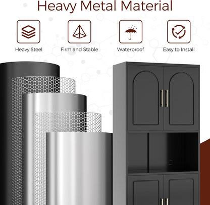 75" Tall Kitchen Pantry Storage Cabinet, Metal Storage Cabinets with 4 Doors and Adjustable Shelves, Black Kitchen Hutch Cabinet with Microwave Stand, Large Cupboard for Dining Living Room