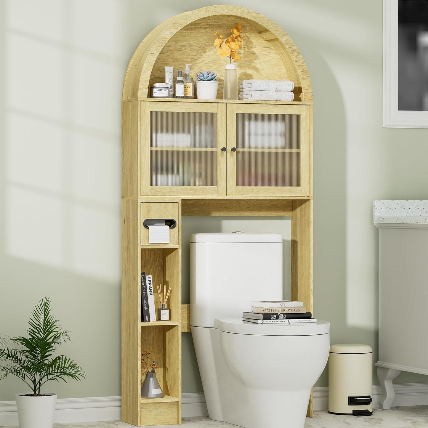 Over The Toilet Storage Cabinet, 31''W Arched Space-Saving Bathroom Organizer with Adjustable Shelf and Acrylic Doors, Freestanding Over Toilet Cabinet for Bathroom, Laundry, Restroom (Oak Wood)