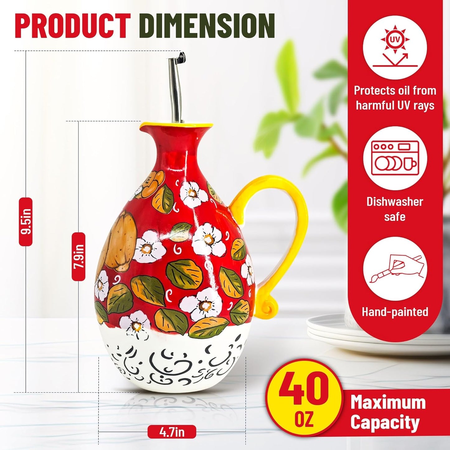 Hand-Painted Ceramic Olive Oil Dispenser Bottle – 40oz Decorative Stoneware Cruet with Stainless Steel Pour Spout – Elegant Kitchen Oil & Vinegar Container, Ideal for Coffee Syrups & More