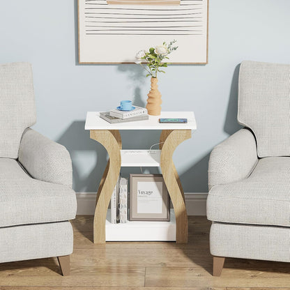 End Table with Charging Station, Side Table with USB Ports and Outlets, Nightstand, 3 Tier End Table with Storage Shelf for Living Room, Bedroom (White)