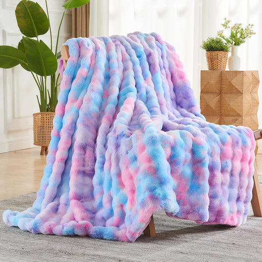 NEWCOSPLAY Faux Fur Throw Blanket Purple Rainbow Luxury Fluffy Thick Warm Bubble Blanket for Couch Sofa Bed 700GSM (Purple Rainbow, Throw(50"x60"))