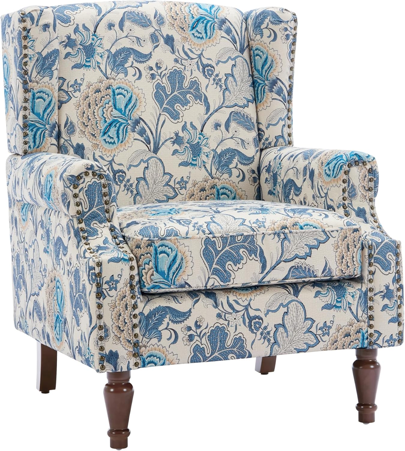 UIXE High Back Floral Accent Chairs Set of 2, Upholstered Armchair in Fabric, Retro Printed Wingback Arm Chair for Living Room, Nailhead Trim Single Sofa Bedroom Reading Seat - Boho Blue