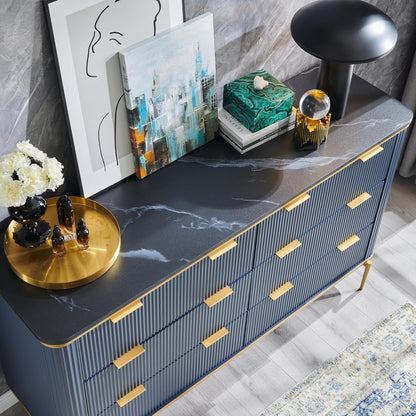 T4TREAM Fluted 6 Drawers Dresser for Bedroom, 54" Wide Modern Dresser TV Stand, Gold Accents, Fluted Fronts, Wood Storage Dressers Organizer for Bedroom, Living Room, Navy Blue