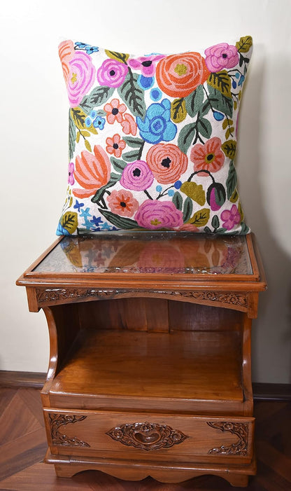 Roses Floral Pillow Cover Flower Farmhouse Chair Cushion Suzani Flowers Pillowcase Boho Florals Accent Throw Pillowsham Wool Hand Embroidered Size 18x18