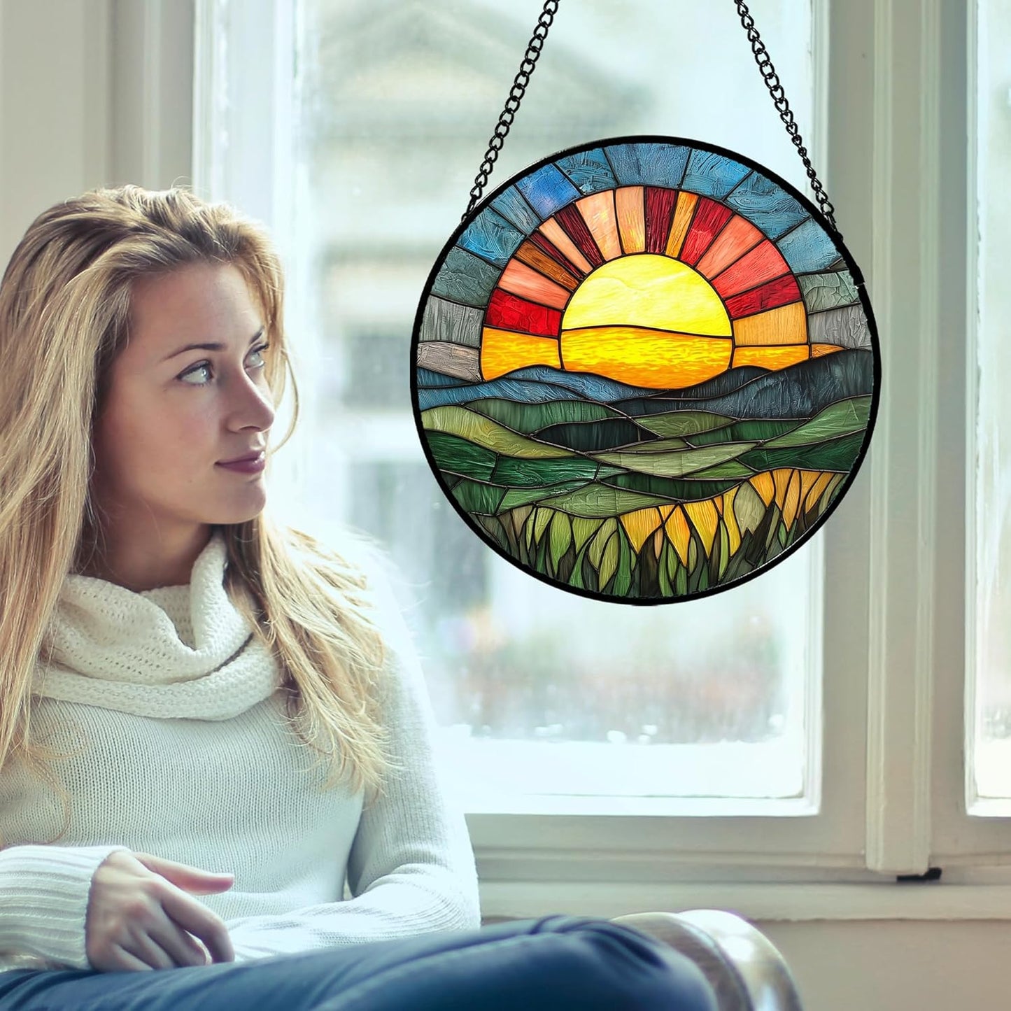 Stained Glass Window Hanging, Golden Red Sun Green Mountain Suncatcher for Window Home Decor Nature Landscape Sun Catcher Mother's Day Birthday Gifts for Women Men Mom Nana 11.8 in