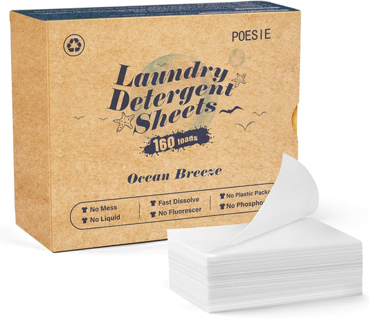 Poesie Laundry Detergent Sheet Ocean Breeze Scent 160 Loads Portable Non-Plastic Drawer Box