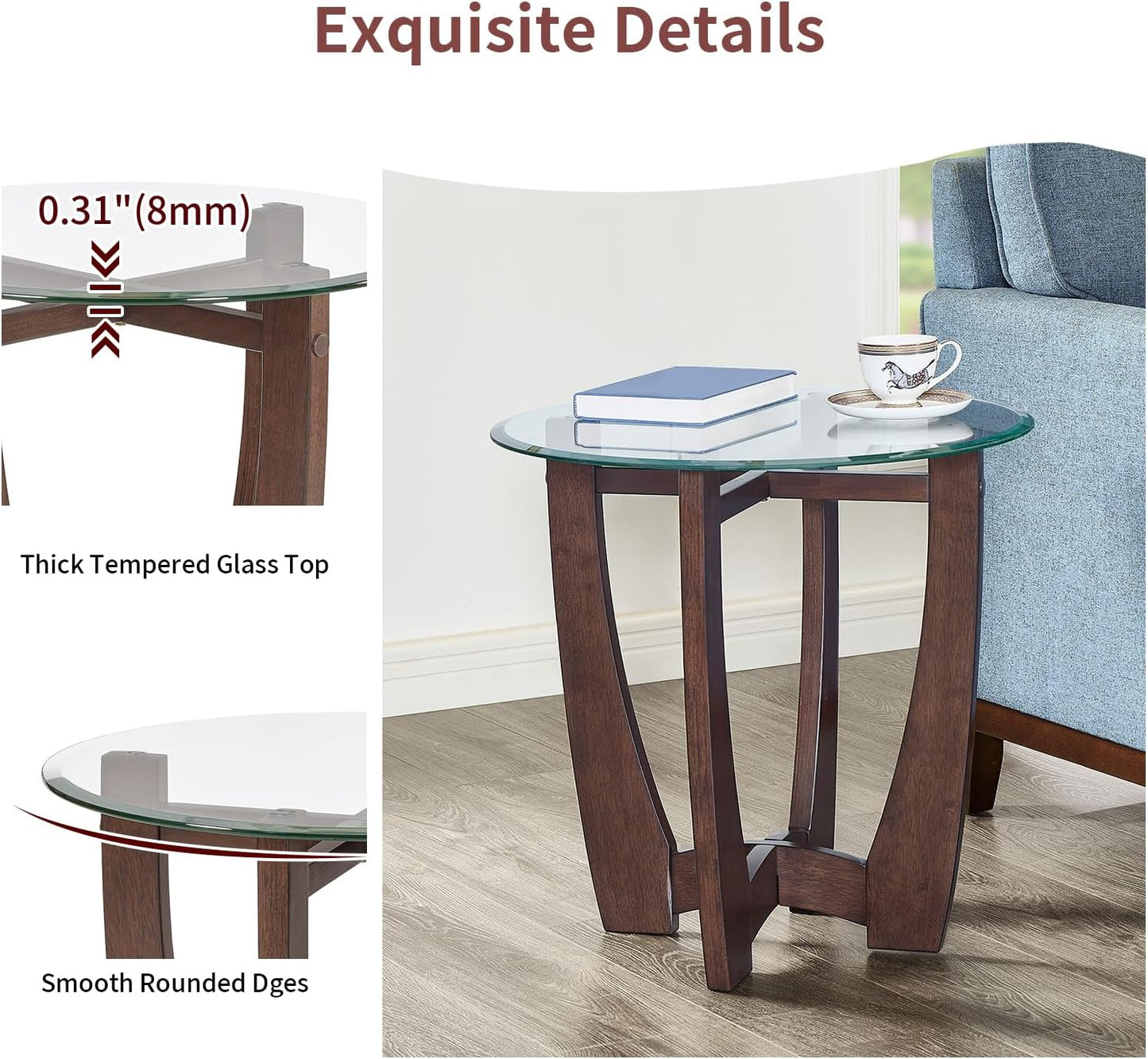 Glass End Table, 23.5" Round Side Tables with Tempered Glass Top Cross and Solid Wood Base Small Night Stand for Living Room Office Apartment Cherry