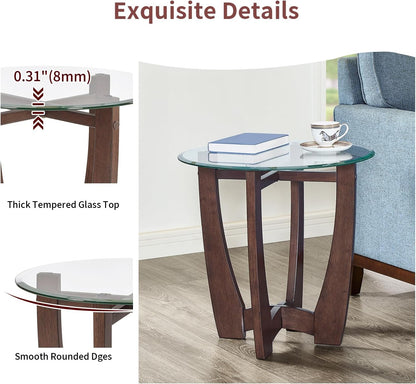 Glass End Table, 23.5" Round Side Tables with Tempered Glass Top Cross and Solid Wood Base Small Night Stand for Living Room Office Apartment Cherry