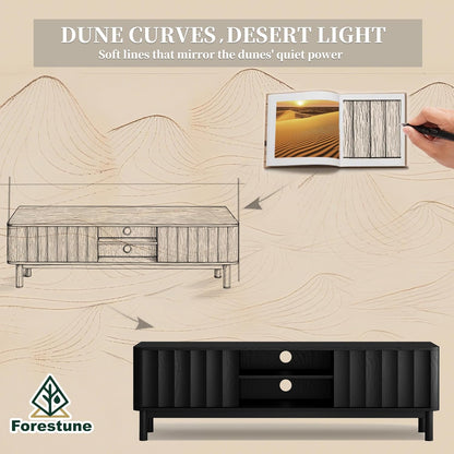 Black Mid Century Modern TV Stand, Wood Fluted Living Room TV Stands with Storage Sliding Doors, Desert-Inspired Design MCM Entertainment Center for 55 60 65 70 75 55+ 60+ 65+ 70+ Inch