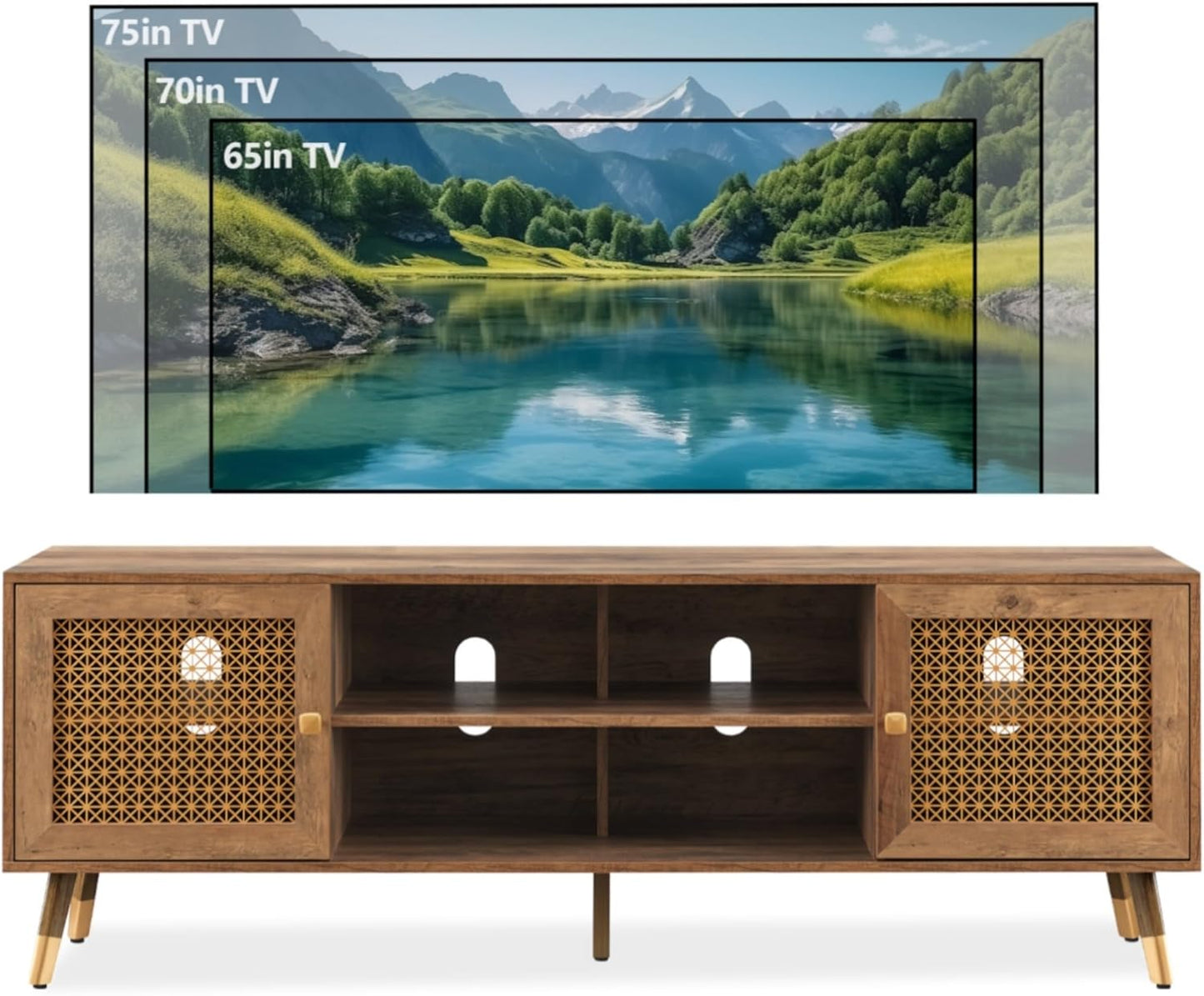 JYED Mid Century Modern TV Stand and Console for TVs Up to 75 inch - Rustic Oak Entertainment Center, 2 Gold Metal Mesh Doors & MDF Wood Grain, 15.8" D x 66" W x 23.5" H