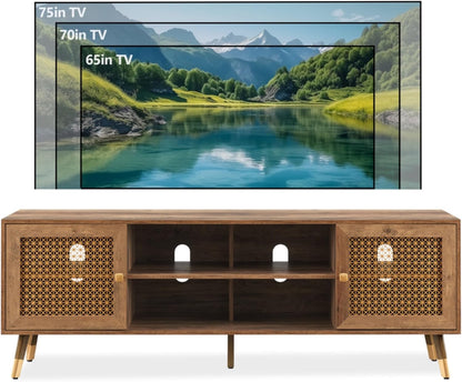 JYED Mid Century Modern TV Stand and Console for TVs Up to 75 inch - Rustic Oak Entertainment Center, 2 Gold Metal Mesh Doors & MDF Wood Grain, 15.8" D x 66" W x 23.5" H