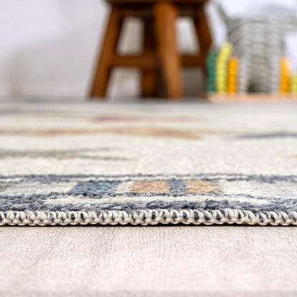 JONATHAN Y Machine-Washable Ivory/Blue/Orange Indoor Area Rug, 4x6, Star Gazer Geometric, Border, Kids & Novelty, Classic, Bedroom, Kitchen, Living Room, Easy-Cleaning, Non-Shedding (KDW100A-4)