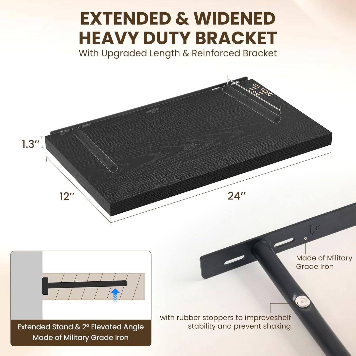 24" Floating Shelves for Wall, 12" Deep Slim Black Floating Shelves, Wall-Mounted Shelves for Bedroom, Living Room, Kitchen, Bathroom - Set of 2