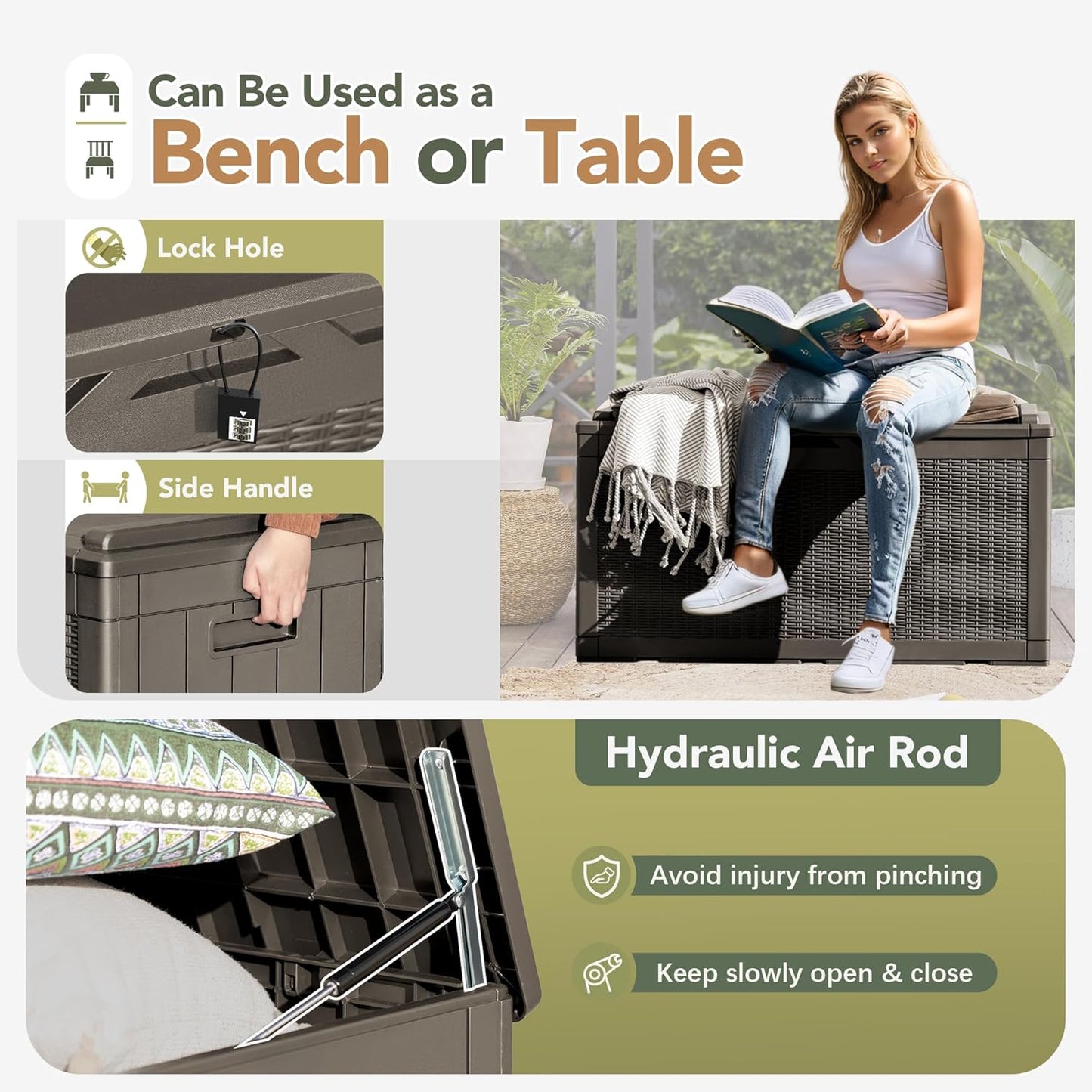 Flamaker Deck Box with Cushion 100 Gallon Waterproof Resin Storage Box with Air Rod Indoor Outdoor Lockable Storage Bench for Patio Furniture, Tools, Pool Accessories (Brown)