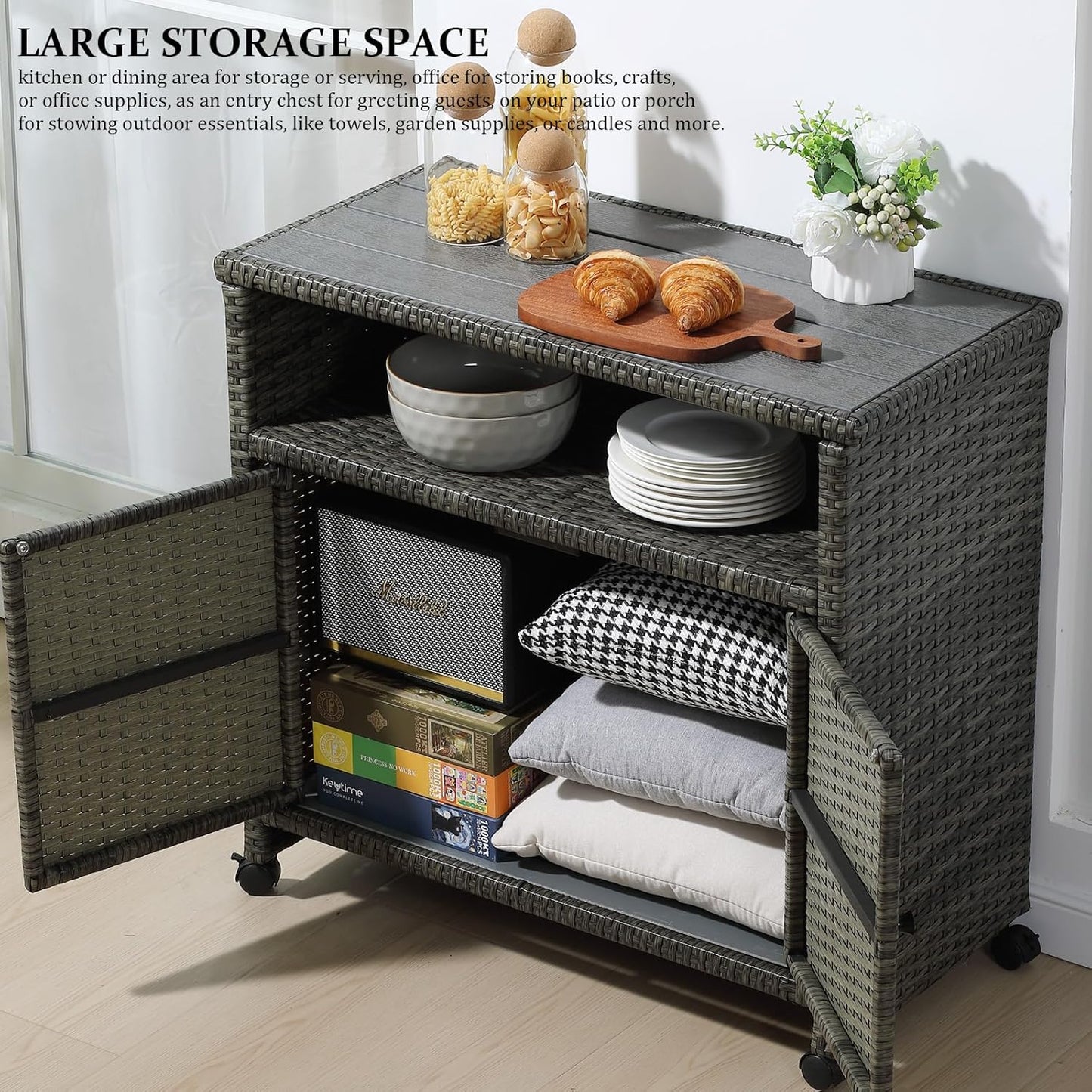 Outdoor Wicker Storage Cabinet,Patio Bar Table with Wheel, Outdoor Buffet Cabinet Movable, Garden Weather-Proof Bar Table/Cart for Indoor&Outdoor (Morden Gray)