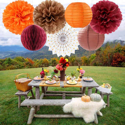 Fall Boho Baby-Shower Party-Decorations Streamers-Lanterns - 14pc Autumn Harvest Brown Orange Burgundy Paper Fan,Rustic Birthday Wedding Bridal Tissue Pom Poms,Honeycomb Balls,Engagement Decor Ouruola