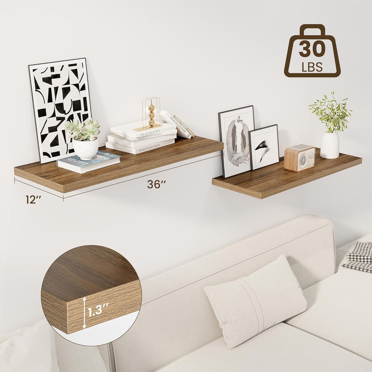 36" Floating Shelves for Wall, 12" Deep Slim Walnut Floating Shelves, Wall-Mounted Shelves for Bedroom, Living Room, Kitchen, Bathroom - Set of 2