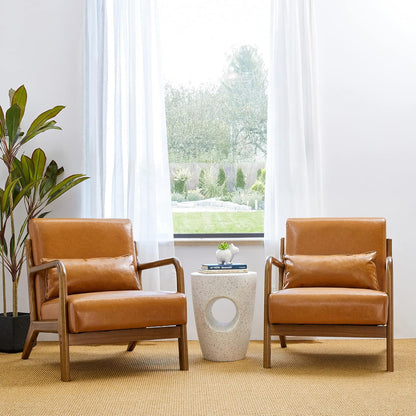 Glitzhome 30" H Mid Century Yellowish Brown Accent Armchair, Single Reading Sofa, PU Leather Lounge Chair with Walnut Ruberwood Frame for Livingroom or Office