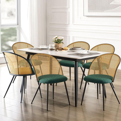 Rattan Dining Chairs Set of 6, Mid-Century Modern Kitchen Dining Room Chairs with Full Cane Backrest Armless Upholstered Farmhouse Boucle Dining Chairs with Metal Leqs for Dining Room, Green