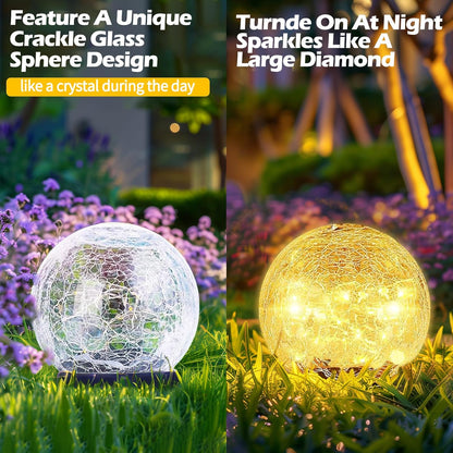 Garden Solar Ball Lights Outdoor Waterproof, 50 LED Cracked Glass Globe Solar Power Ground Lights for Path Yard Patio Lawn, Christmas Decoration Landscape Warm White(2 Pack 4.7'')