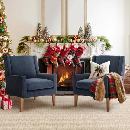 COLAMY Modern Wingback Living Room Chair Set of 2, Upholstered Fabric Accent Armchair, Single Sofa Chair with Lounge Seat and Wood Legs for Bedroom/Office/Reading Spaces, Blue
