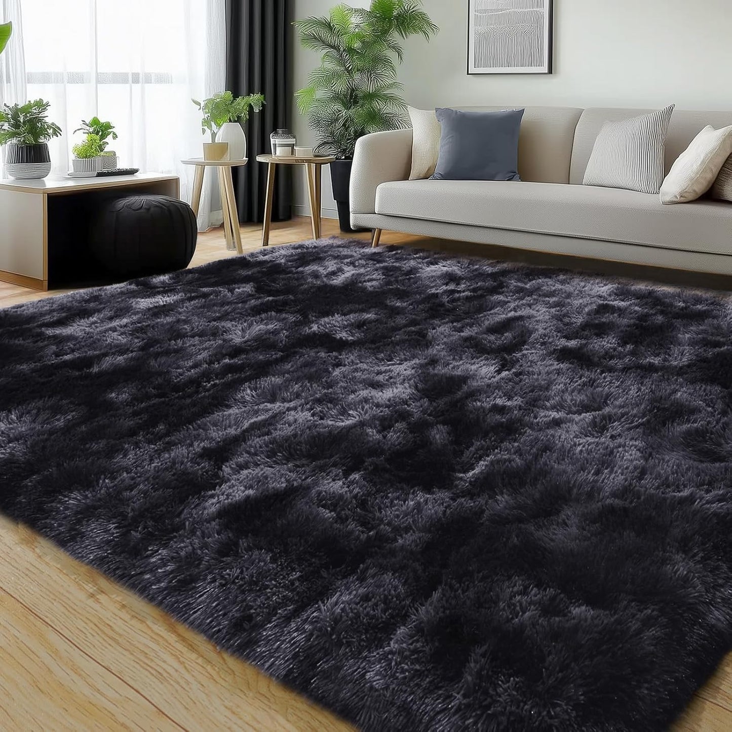 Rezutan Area Rugs 5x7 Living Room, Large Fluffy Rug for Bedroom, Soft Shag Shaggy Fuzzy Carpets for Boys and Girls Dorm Room Home Decor Aesthetic,Black Grey Tie-Dyed.