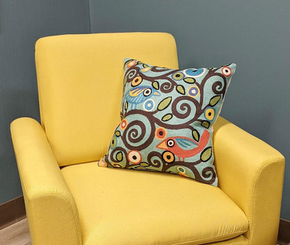 Tree of Life Birds Pillow Cover Teal Blue Floral Pillowcase Botanical Floral Outdoor Suzani Cushions Traditional Flower Cushion Hand Embroidered Cushions Wool Size - 18x18