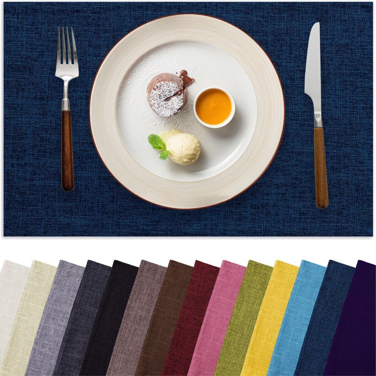 Placemats Set of 4, Bilayer Thickened Linen Place Mats Heat Resistant Machine Washable Wrinkle Free Carefully Selected Polyester Mats for Kitchen/Dining/Coffee Table (Navy Blue)