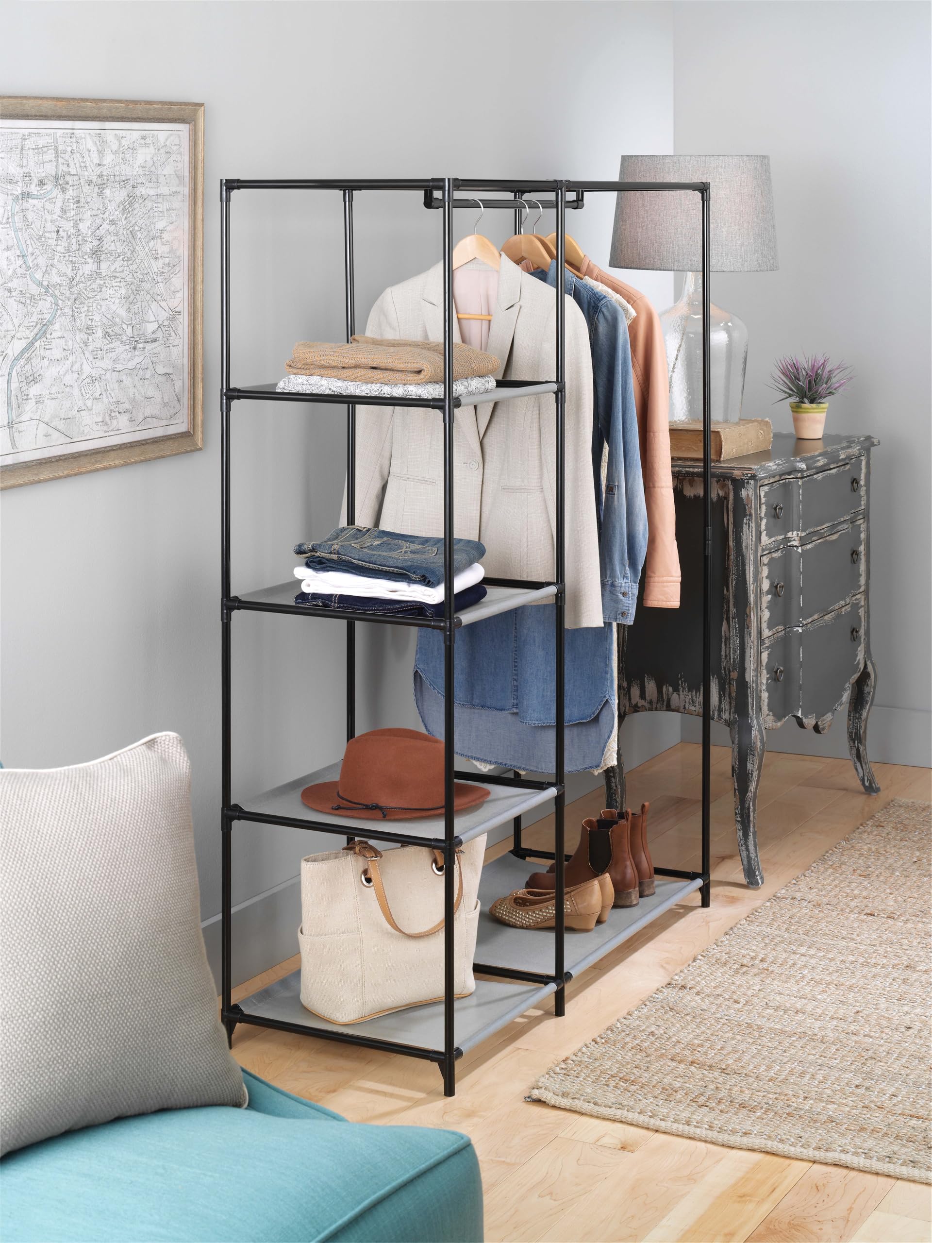 Whitmor Spacemaker 5 Tier Wardrobe Closet, Freestanding Storage System with Garment Rod, Space