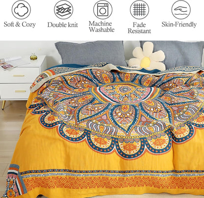 Snycler Boho 100% Cotton Throw Blanket, Decorative Muslin Boho Throw Blanket, Soft Cozy Colorful Bohemian Floral Reversible Blanket with Tassels for Chair Couch Bed Sofa Room Decor, 80x90 Inch