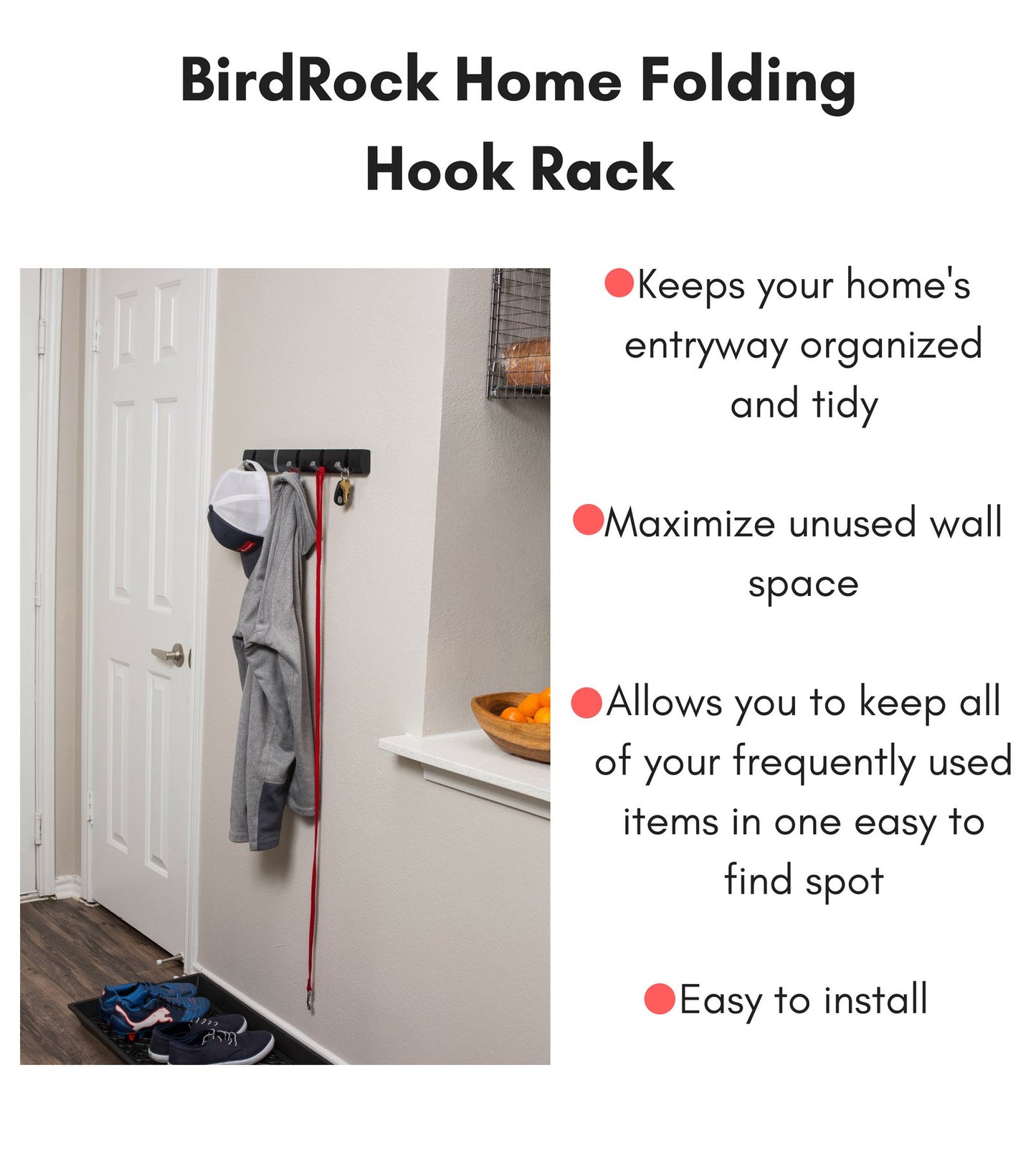 BIRDROCK HOME Folding Hook Coat and Hat Rack - 5 Hooks - 18 Inches - Wall Mount - Decorative Home